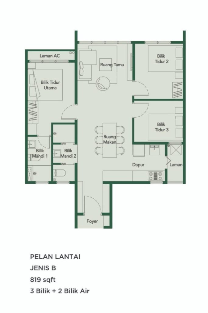 The floor plan of Type B for Flora Hijauan Melati East that is near to LRT Gombak, ECRL and Terminal Bersepadu Gombak.