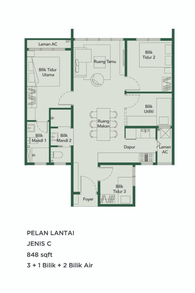 The floor plan of Type C for Flora Hijauan Melati East that is near to LRT Gombak, ECRL and Terminal Bersepadu Gombak.